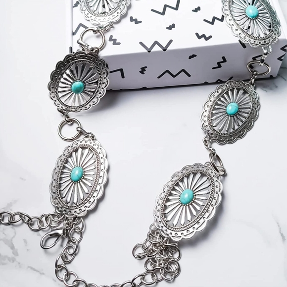 New Silver Turqouise Color Adjustable concho belt - Picture 1 of 3